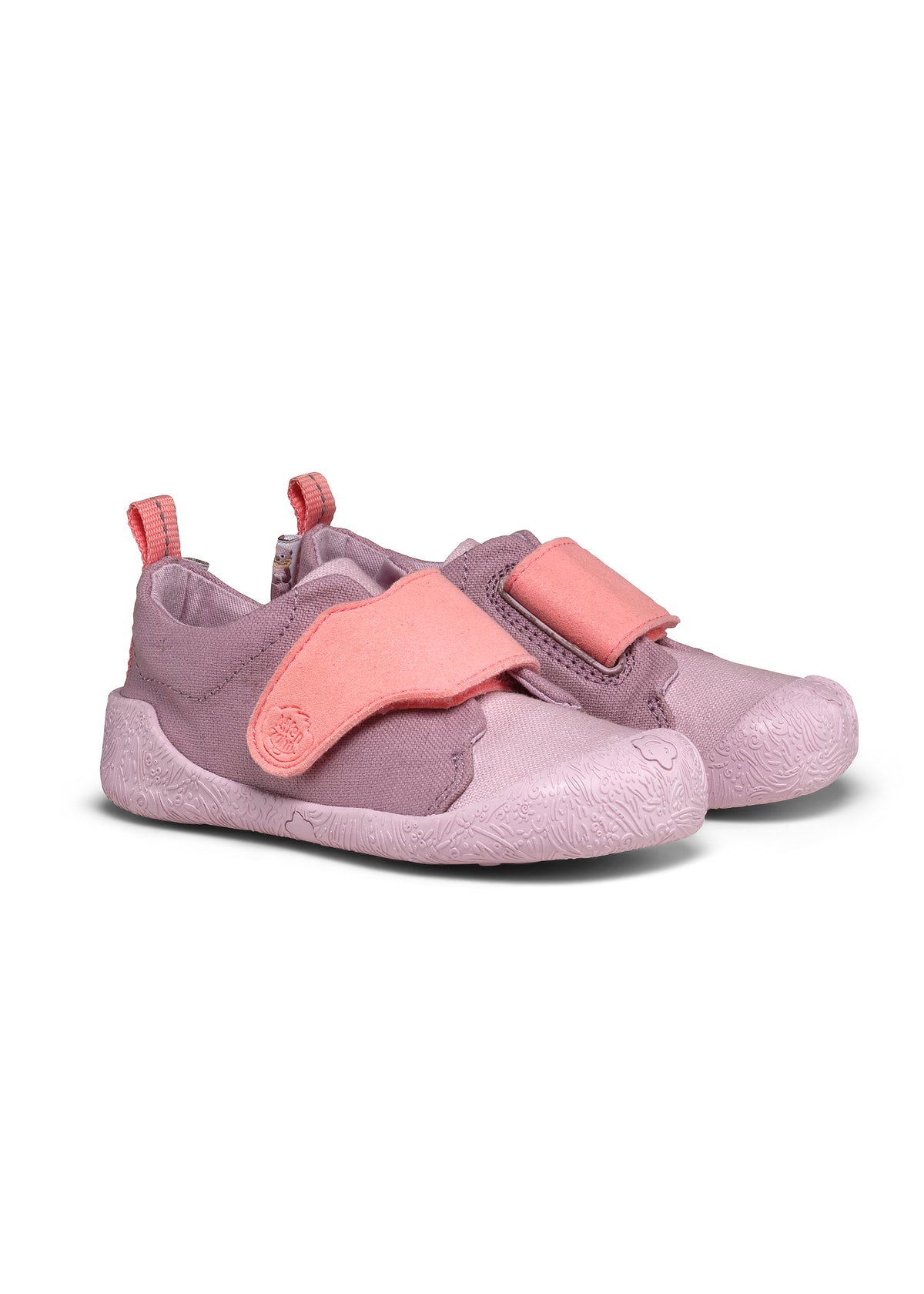 Lasten Otter-ensiaskelkengät - Prewalker Cotton Smally, violetti kangas, pinkit tarrat