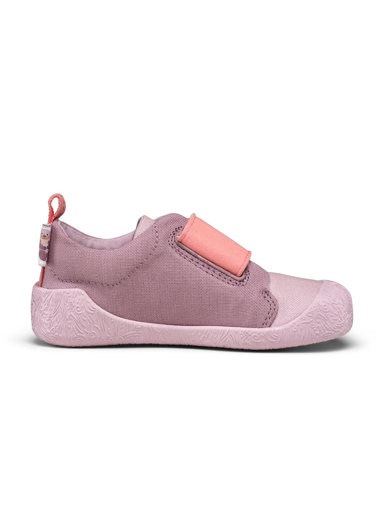 Lasten Otter-ensiaskelkengät - Prewalker Cotton Smally, violetti kangas, pinkit tarrat