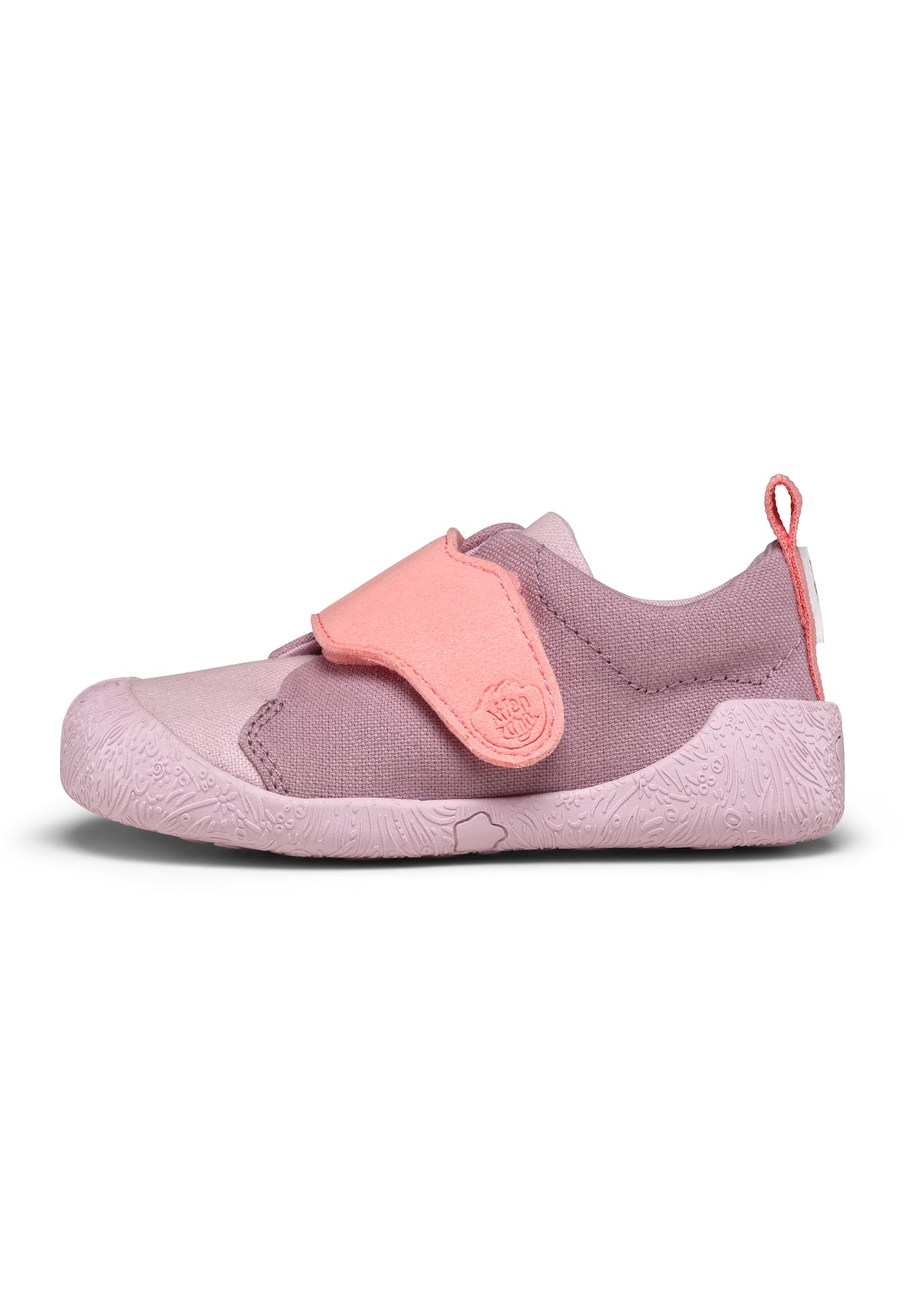 Lasten Otter-ensiaskelkengät - Prewalker Cotton Smally, violetti kangas, pinkit tarrat