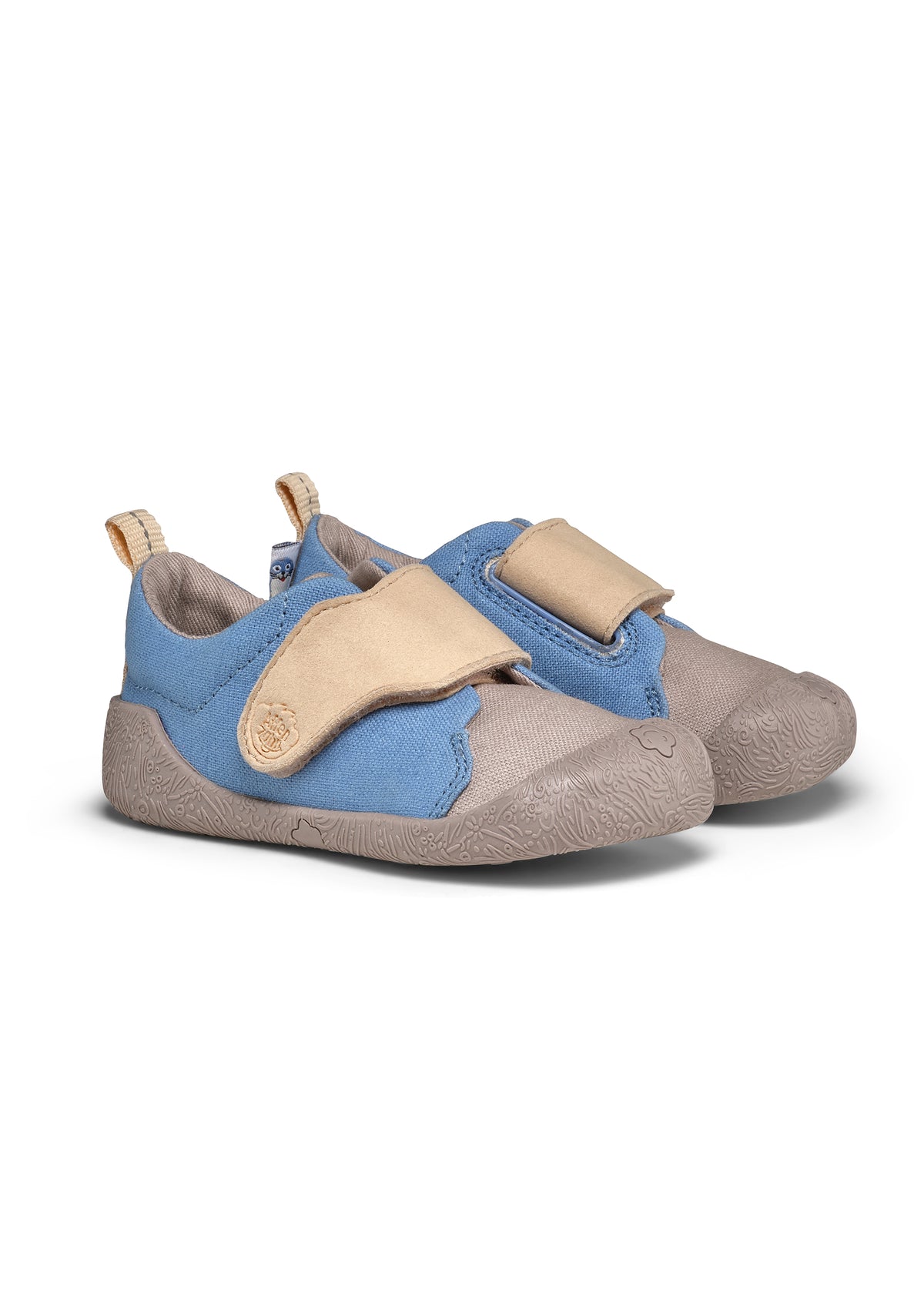 Barnens Rhino-första steg-skor - Prewalker Cotton Smally, grön-beige tyg, gula kardborreband