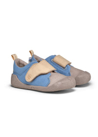 Barnens Rhino-första steg-skor - Prewalker Cotton Smally, grön-beige tyg, gula kardborreband