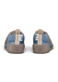 Barnens Rhino-första steg-skor - Prewalker Cotton Smally, grön-beige tyg, gula kardborreband
