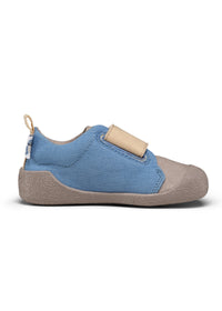 Barnens Rhino-första steg-skor - Prewalker Cotton Smally, grön-beige tyg, gula kardborreband
