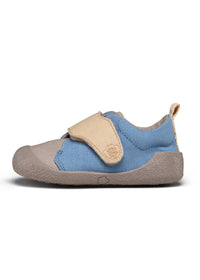 Barnens Rhino-första steg-skor - Prewalker Cotton Smally, grön-beige tyg, gula kardborreband