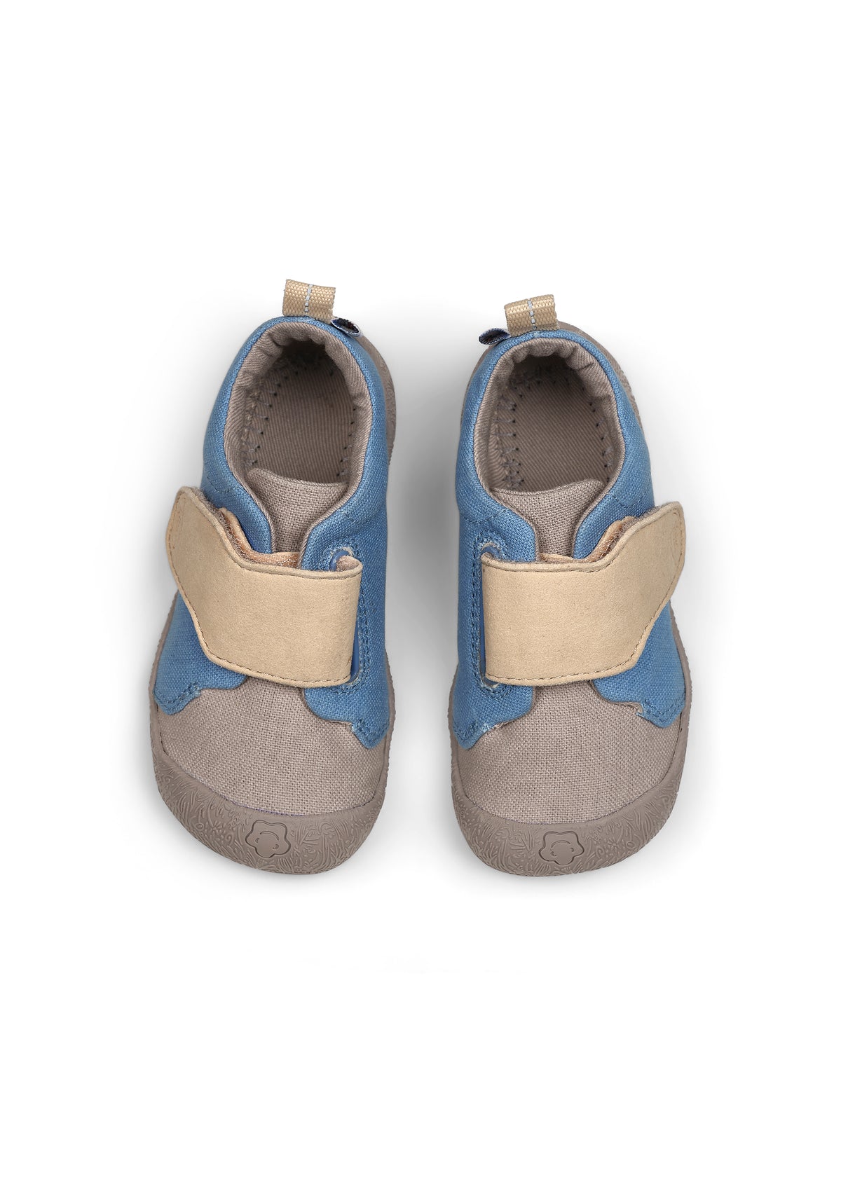 Barnens Rhino-första steg-skor - Prewalker Cotton Smally, grön-beige tyg, gula kardborreband