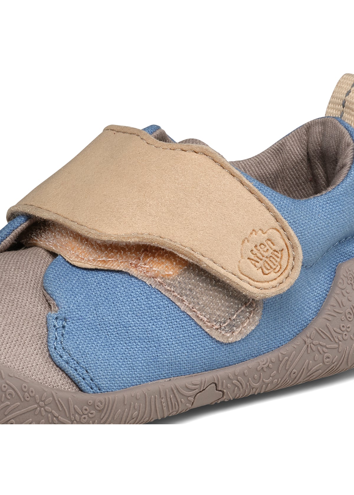 Barnens Rhino-första steg-skor - Prewalker Cotton Smally, grön-beige tyg, gula kardborreband
