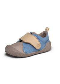 Barnens Rhino-första steg-skor - Prewalker Cotton Smally, grön-beige tyg, gula kardborreband