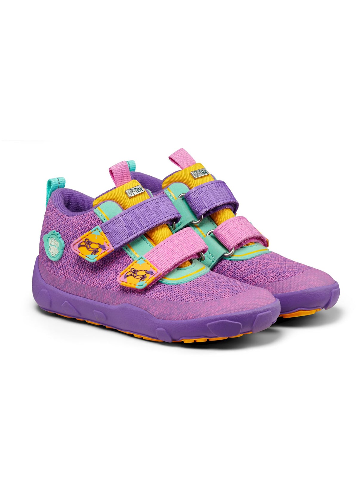 Children's barefoot shoes - Happy Knit Creative Toucan, transitional shoes with TEX membrane - purple
