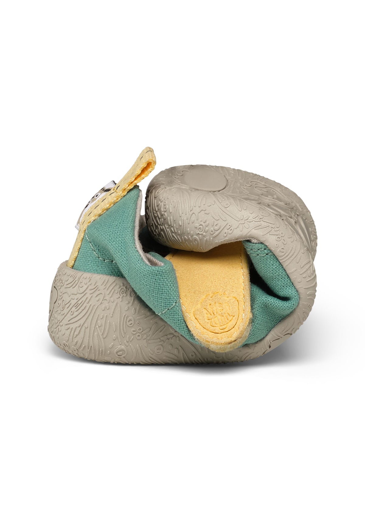 Lasten Rhino-ensiaskelkengät - Prewalker Cotton Smally, vihreä-beige kangas, keltaiset tarrat