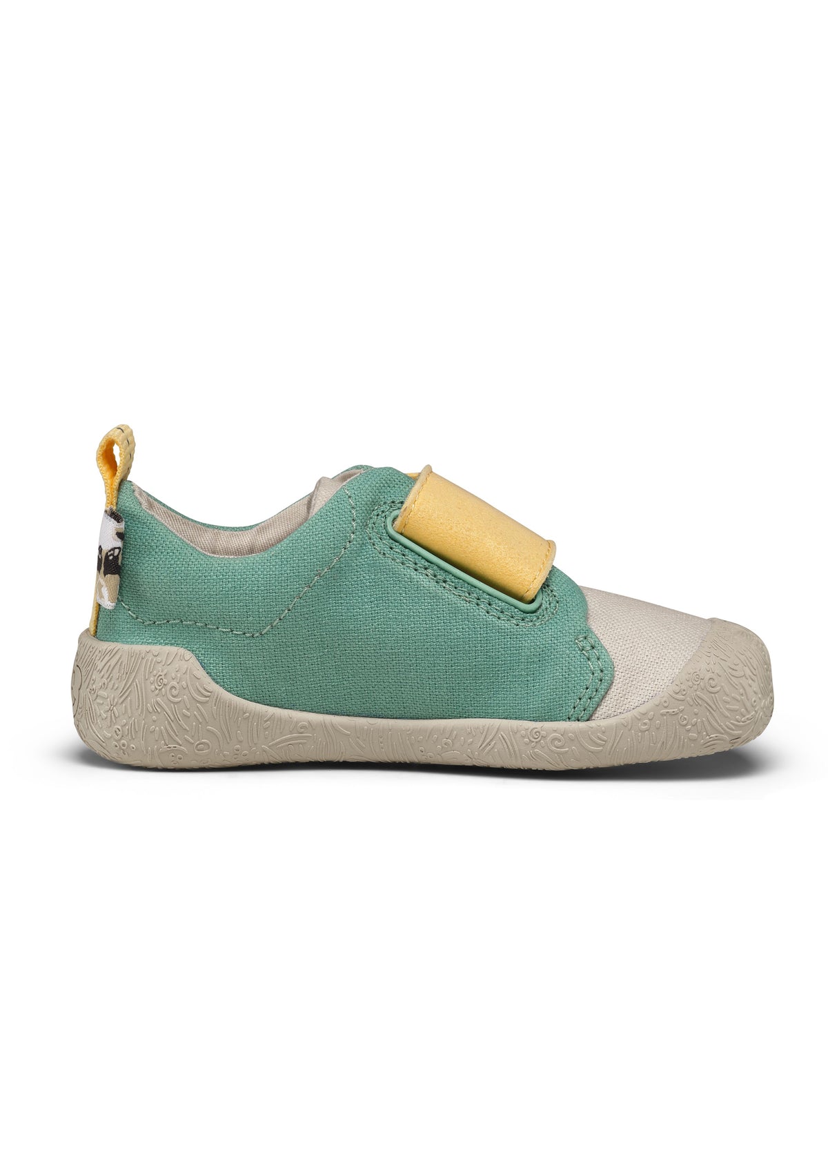 Lasten Rhino-ensiaskelkengät - Prewalker Cotton Smally, vihreä-beige kangas, keltaiset tarrat