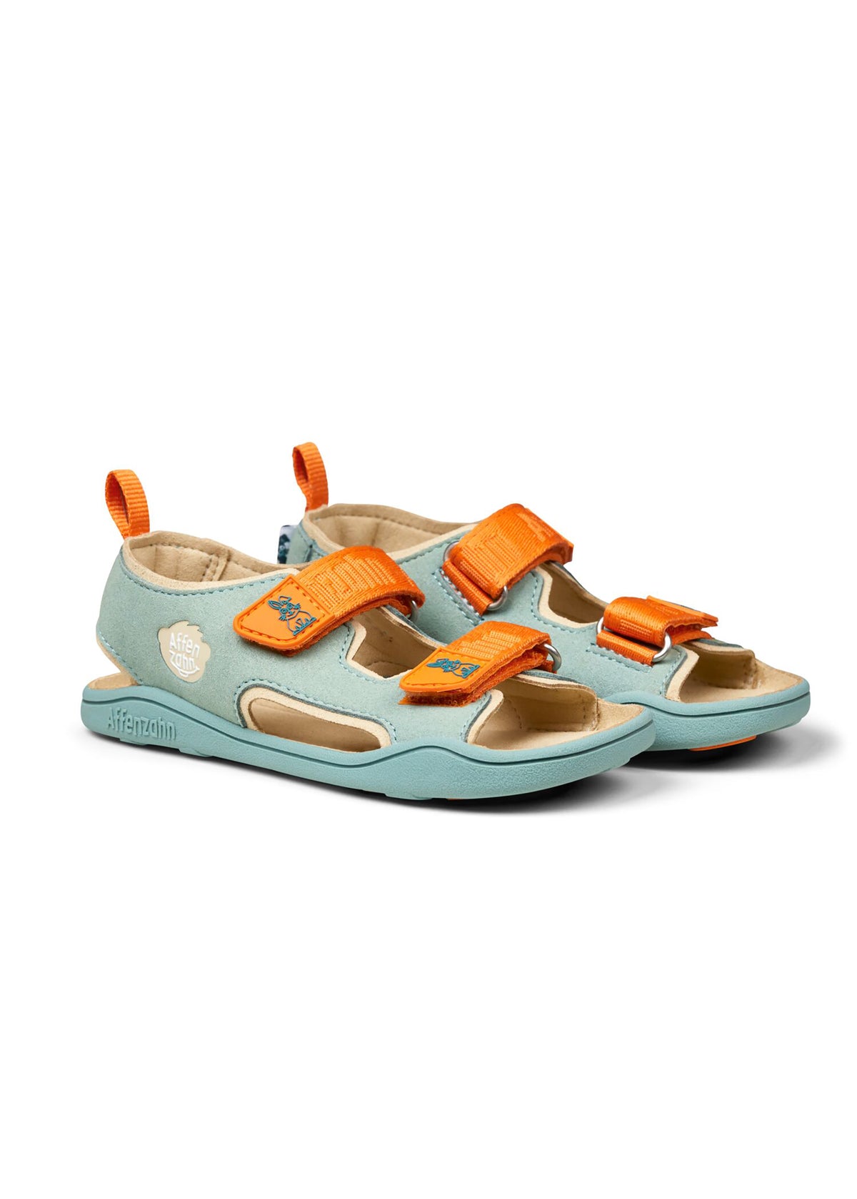 Lasten Bunny-paljasjalkasandaalit - Sandal Microfibre Airy, mintunvihreä, oranssit tarrat, vegaaninen