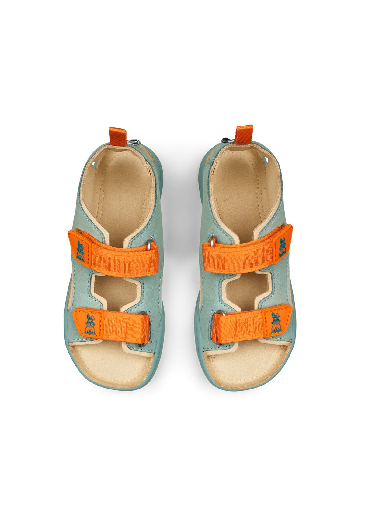 Lasten Bunny-paljasjalkasandaalit - Sandal Microfibre Airy, mintunvihreä, oranssit tarrat, vegaaninen