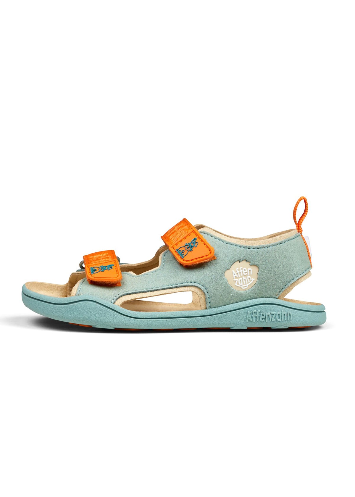 Lasten Bunny-paljasjalkasandaalit - Sandal Microfibre Airy, mintunvihreä, oranssit tarrat, vegaaninen