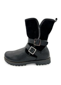 Winter ankle boots - black leather, decorative buckles