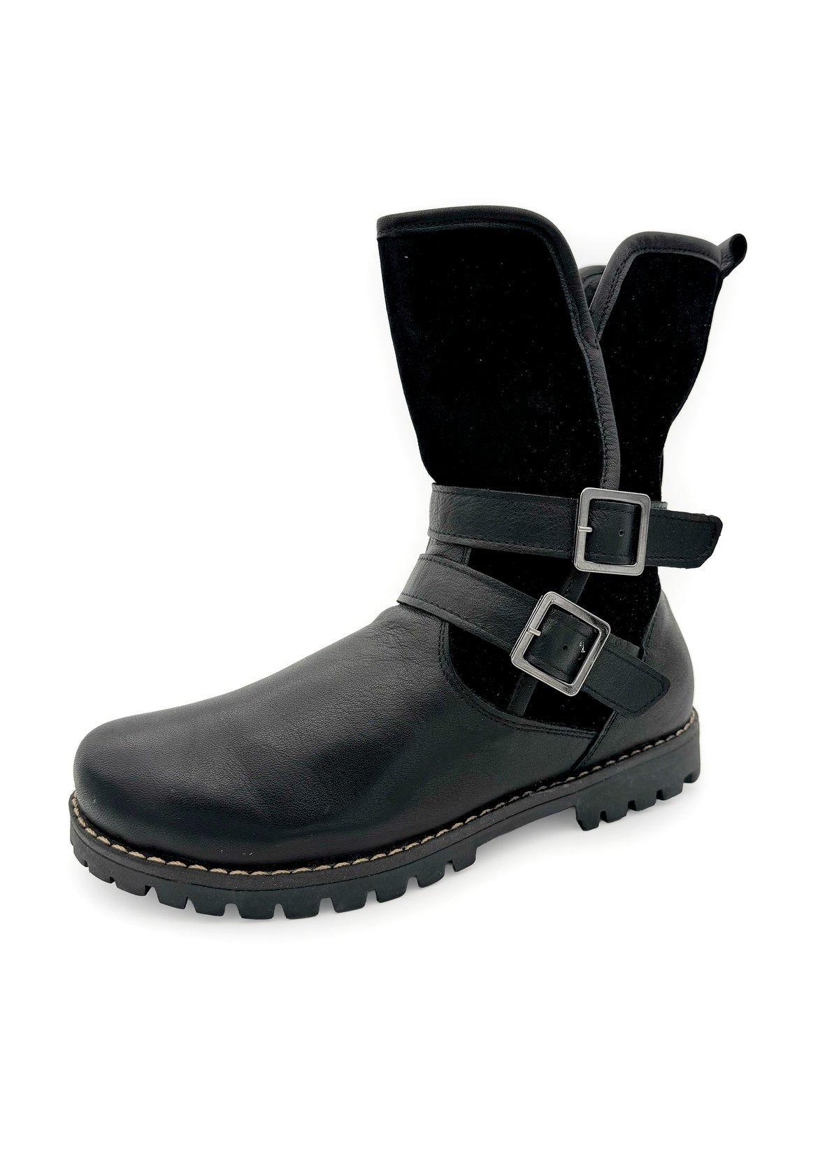 Winter ankle boots - black leather, decorative buckles