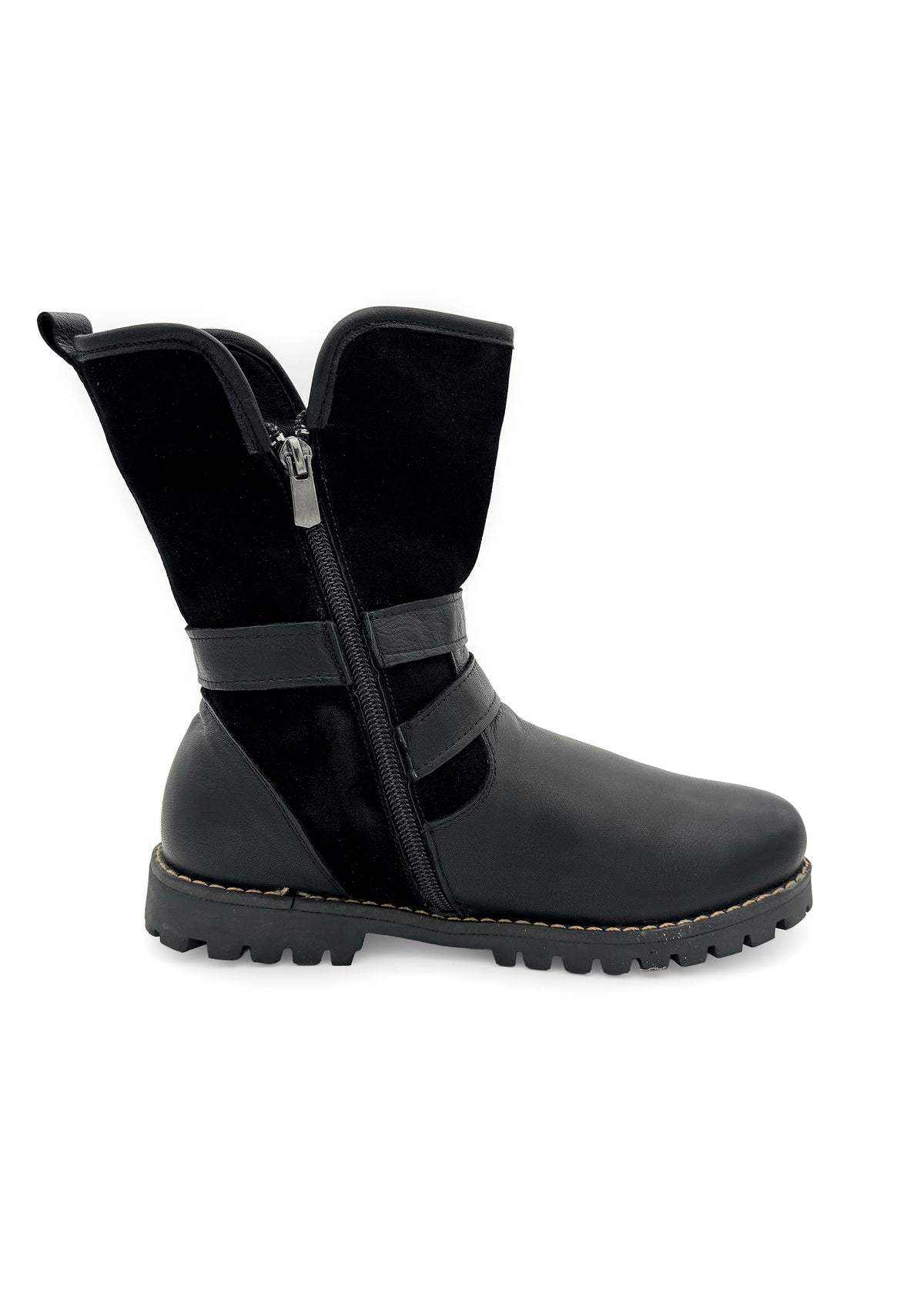 Winter ankle boots - black leather, decorative buckles