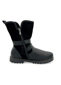 Winter ankle boots - black leather, decorative buckles