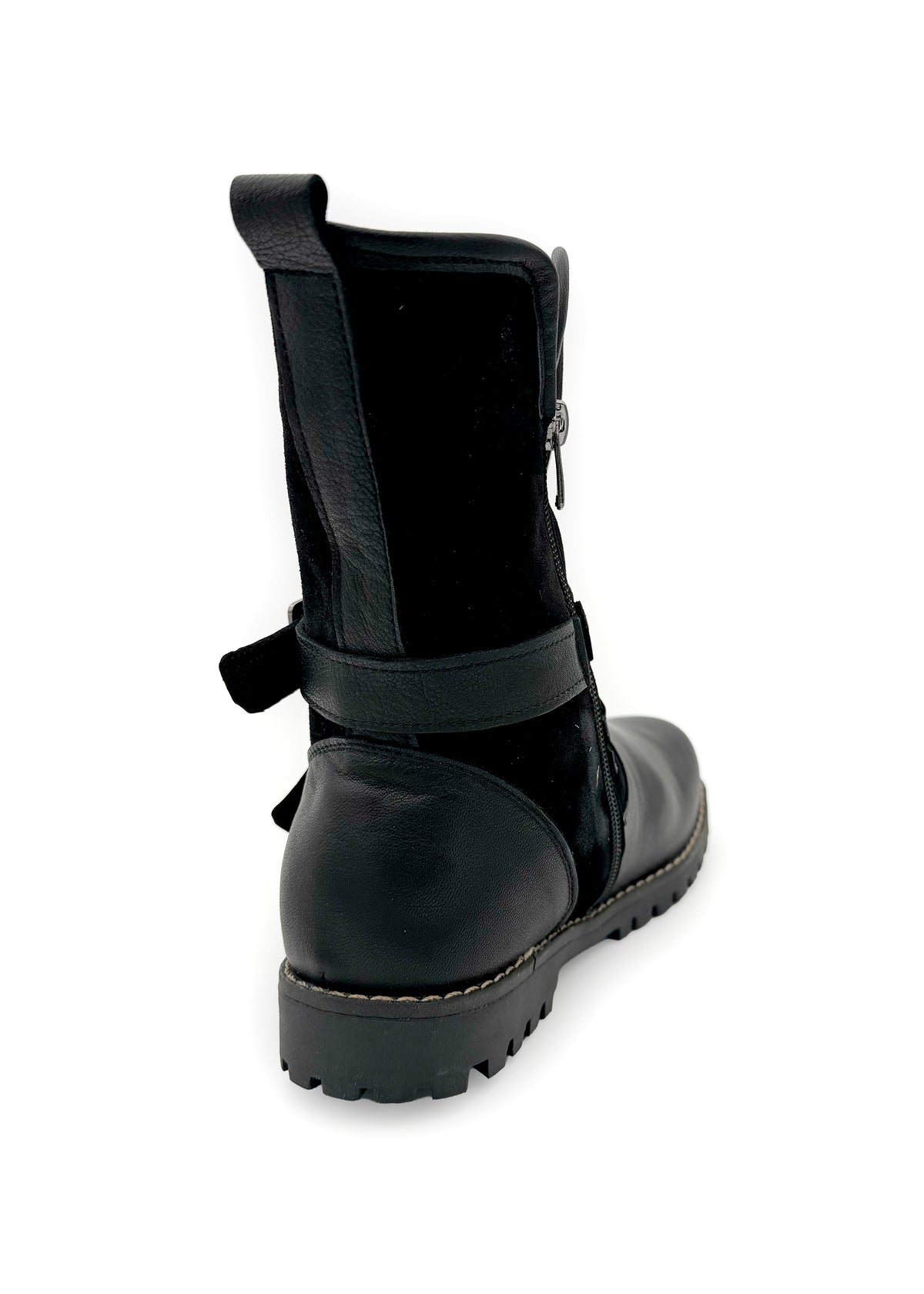 Winter ankle boots - black leather, decorative buckles