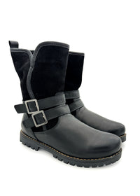 Winter ankle boots - black leather, decorative buckles
