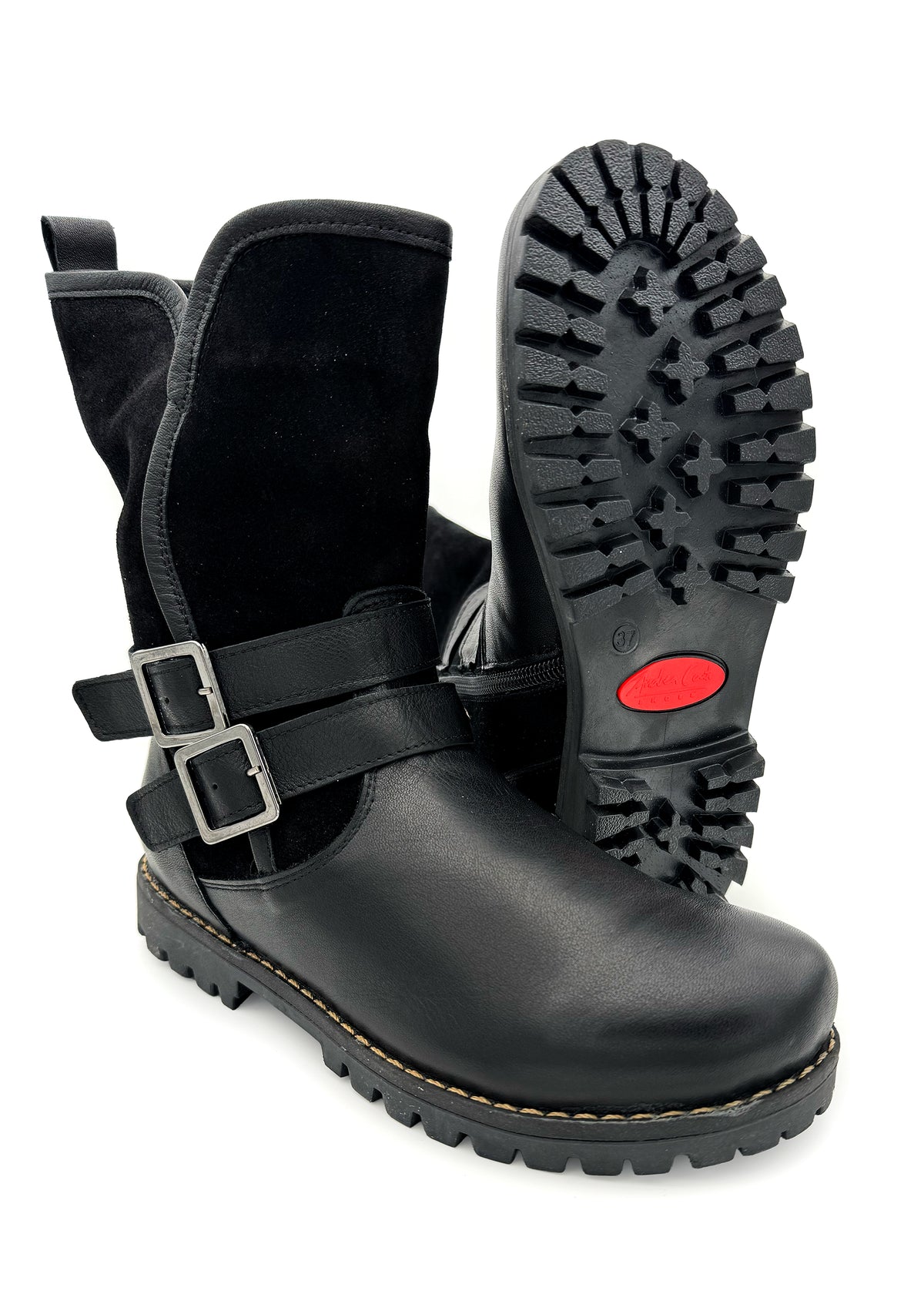 Winter ankle boots - black leather, decorative buckles