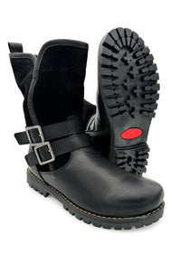 Winter ankle boots - black leather, decorative buckles