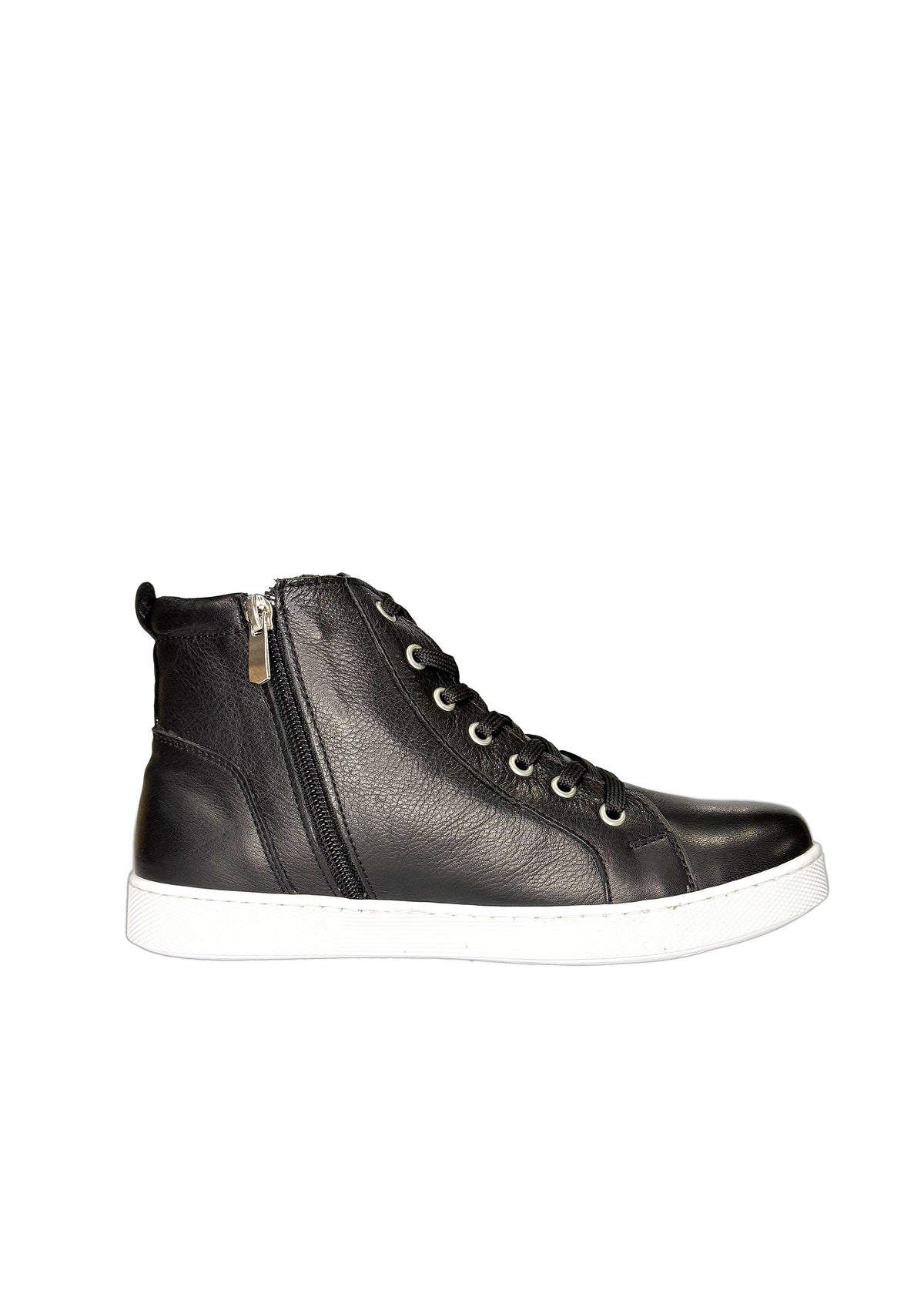 High-top sneakers - black leather, zippers on both sides, wide fit