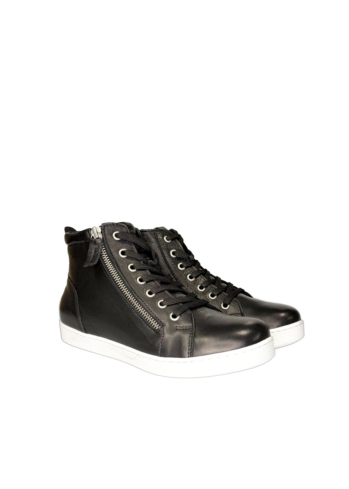 High-top sneakers - black leather, zippers on both sides, wide fit