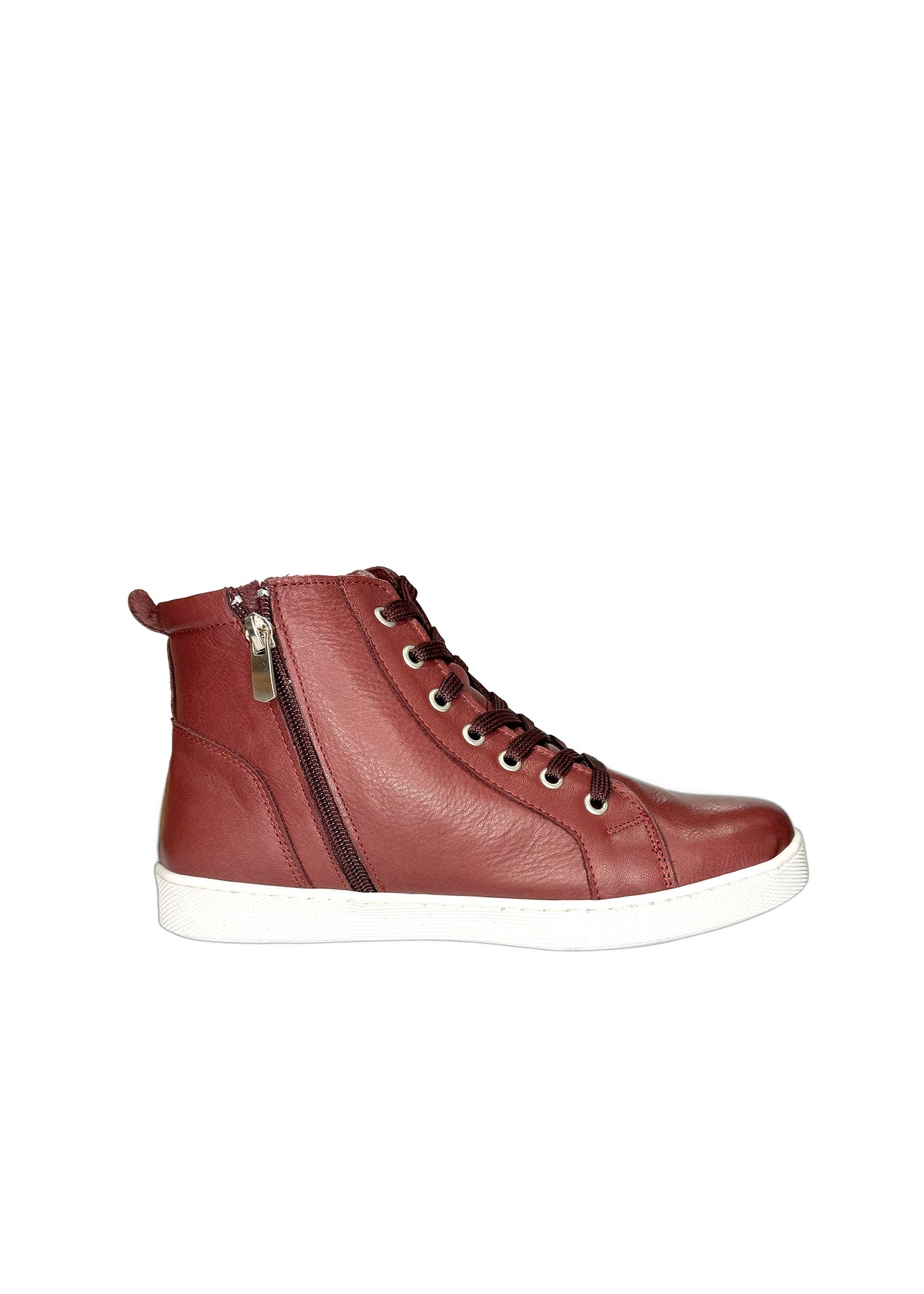 High-top sneakers - burgundy leather, zippers on both sides, wide fit