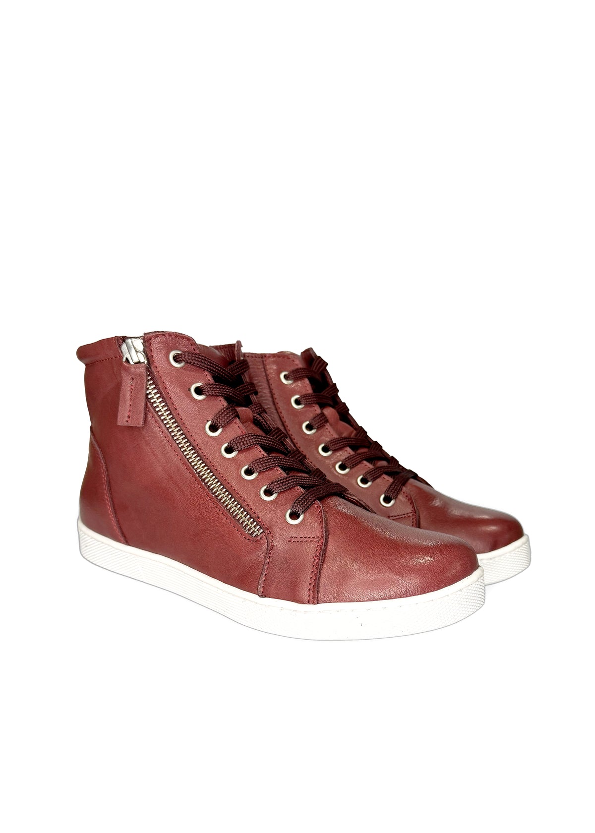 High-top sneakers - burgundy leather, zippers on both sides, wide fit