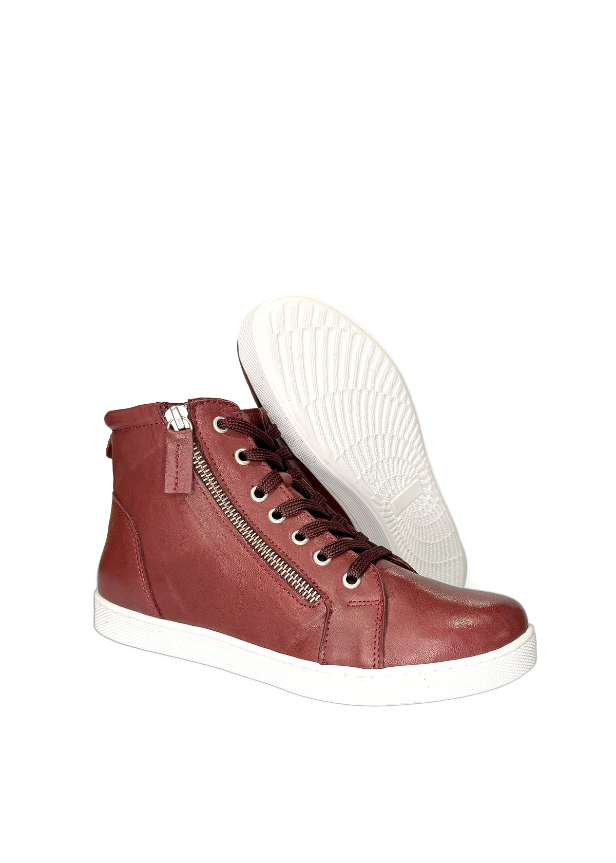 High-top sneakers - burgundy leather, zippers on both sides, wide fit