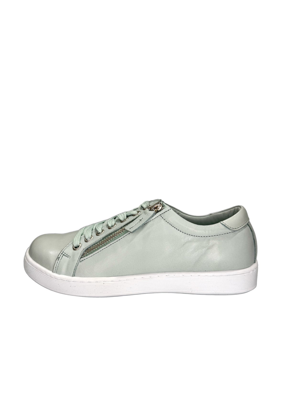 Sneakers med låg skaft - ljusgrönt läder, dragkedja i sidan, bred läst
