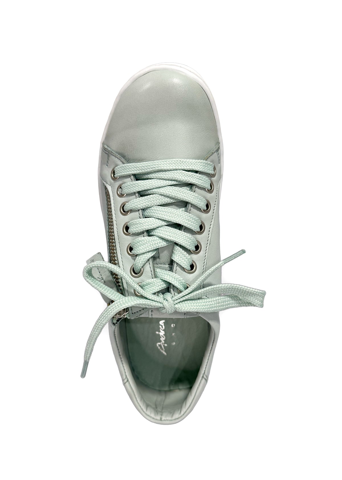 Sneakers med låg skaft - ljusgrönt läder, dragkedja i sidan, bred läst