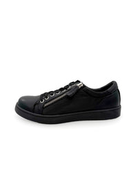 Low-cut sneakers - black leather, side zipper, wide fit