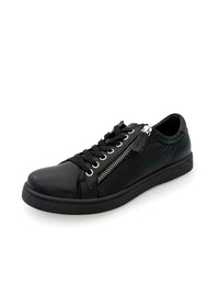 Low-cut sneakers - black leather, side zipper, wide fit