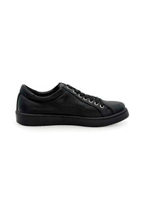 Low-cut sneakers - black leather, side zipper, wide fit