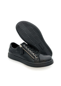 Low-cut sneakers - black leather, side zipper, wide fit