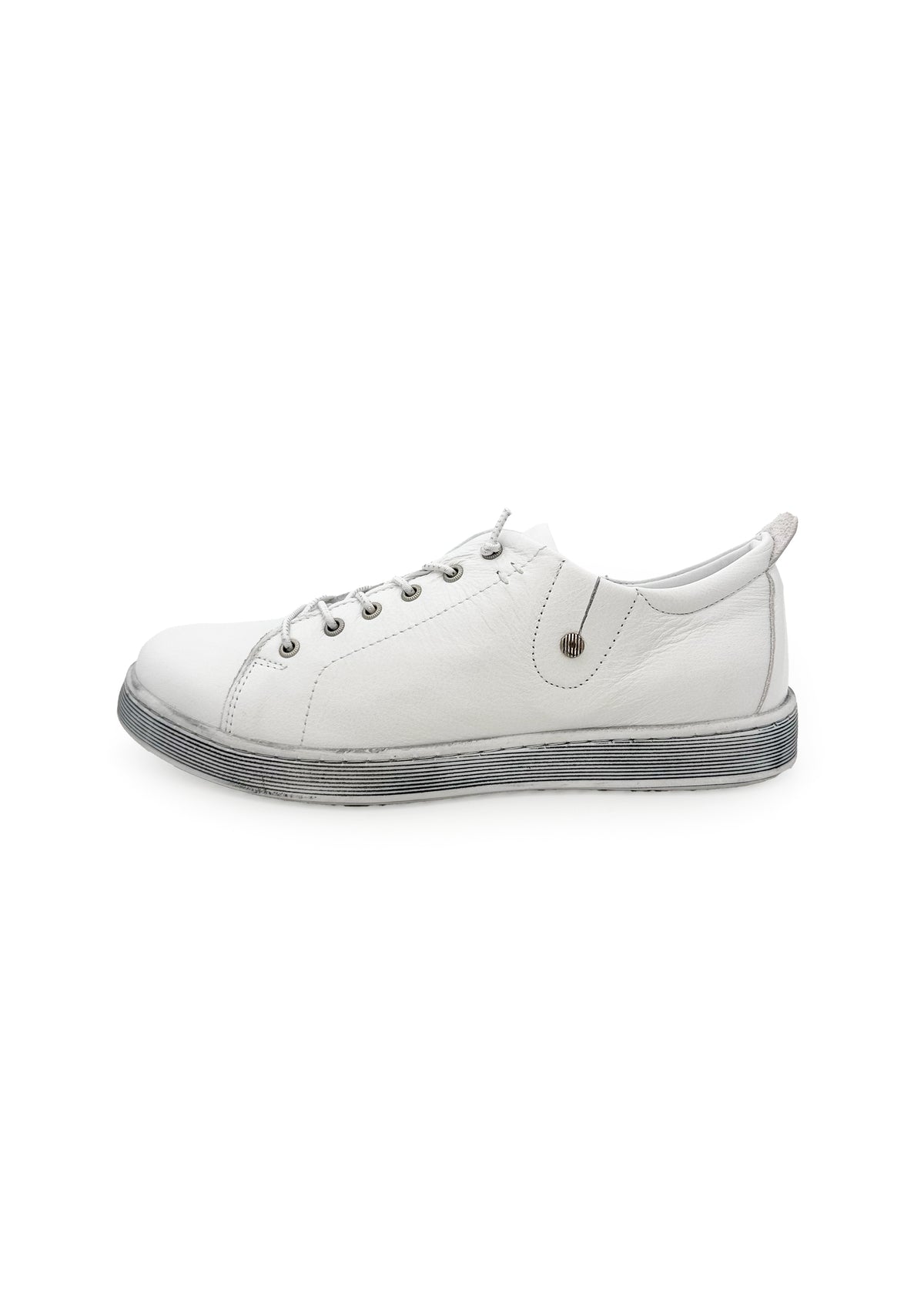 Low-cut sneakers - white leather, gray sole, elastic laces