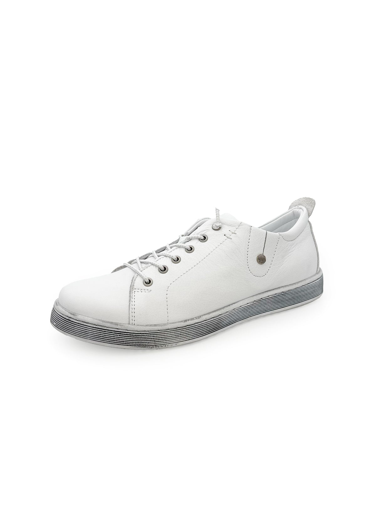 Low-cut sneakers - white leather, gray sole, elastic laces