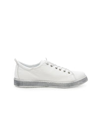 Low-cut sneakers - white leather, gray sole, elastic laces