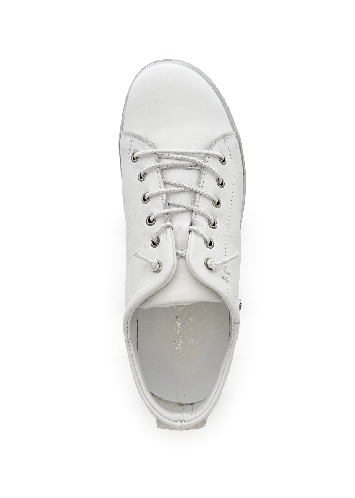 Low-cut sneakers - white leather, gray sole, elastic laces