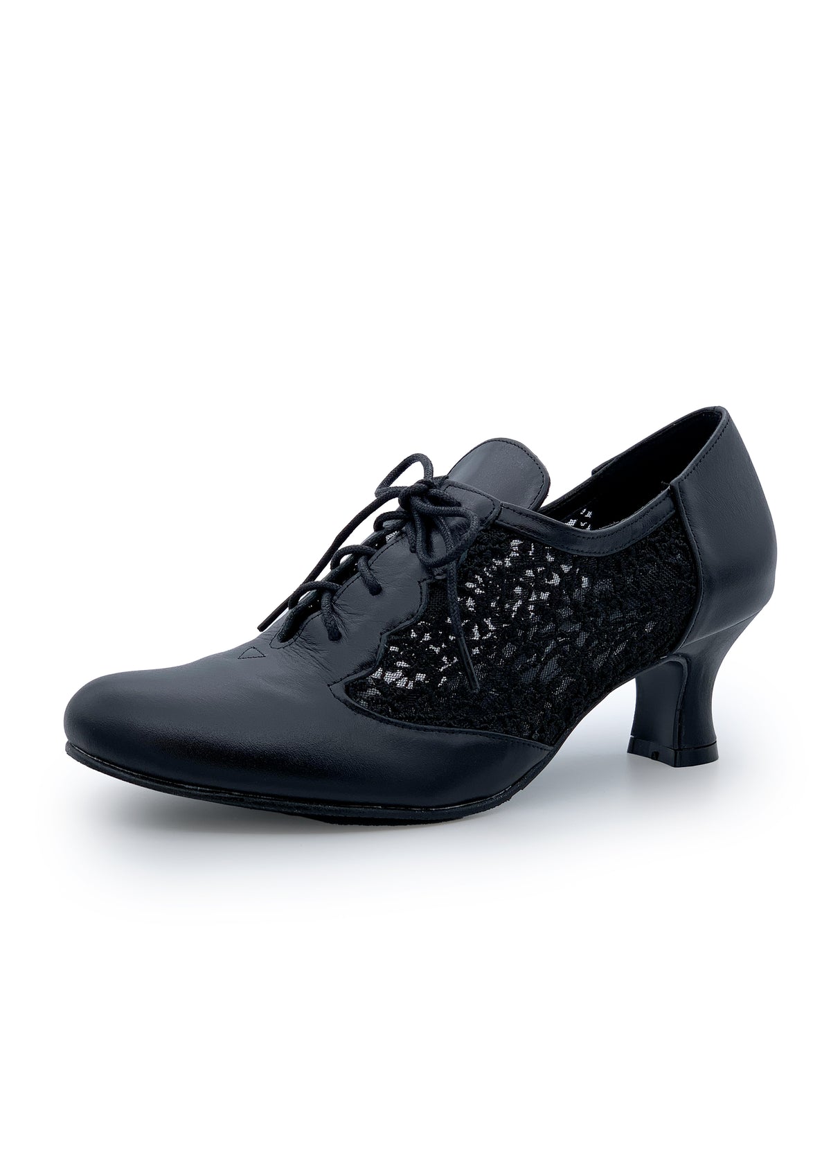 Festive walking shoes with low heel - black leather, lace sides