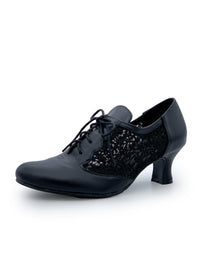 Festive walking shoes with low heel - black leather, lace sides