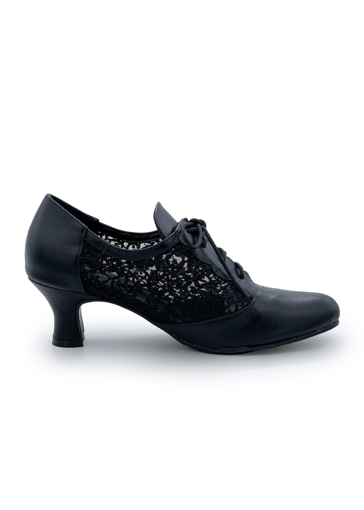 Festive walking shoes with low heel - black leather, lace sides