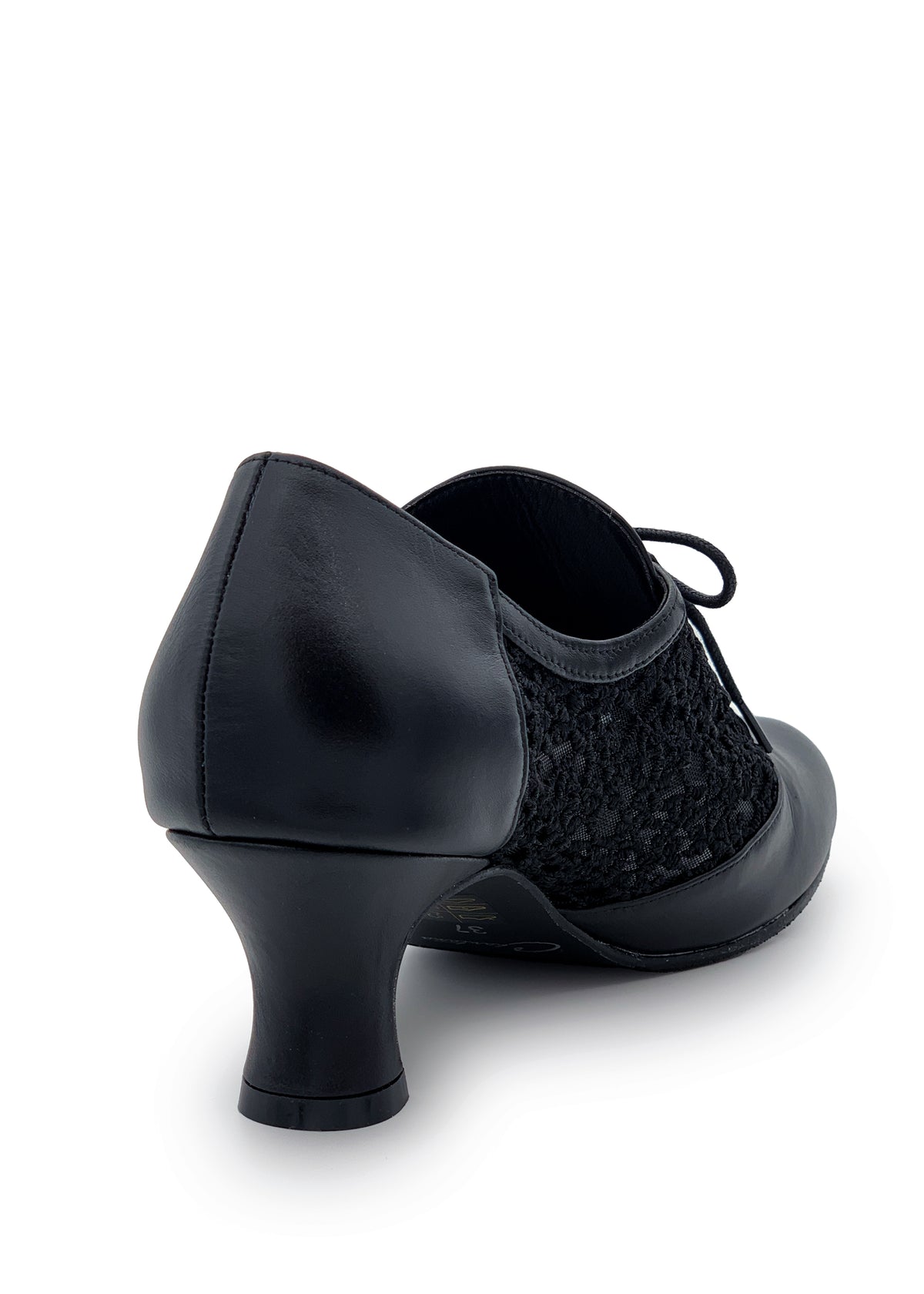Festive walking shoes with low heel - black leather, lace sides
