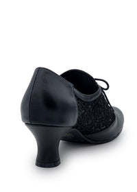 Festive walking shoes with low heel - black leather, lace sides