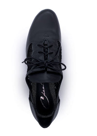 Festive walking shoes with low heel - black leather, lace sides