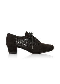 Festive walking shoes with block heel - black fabric, lace on the sides, extra wide fit