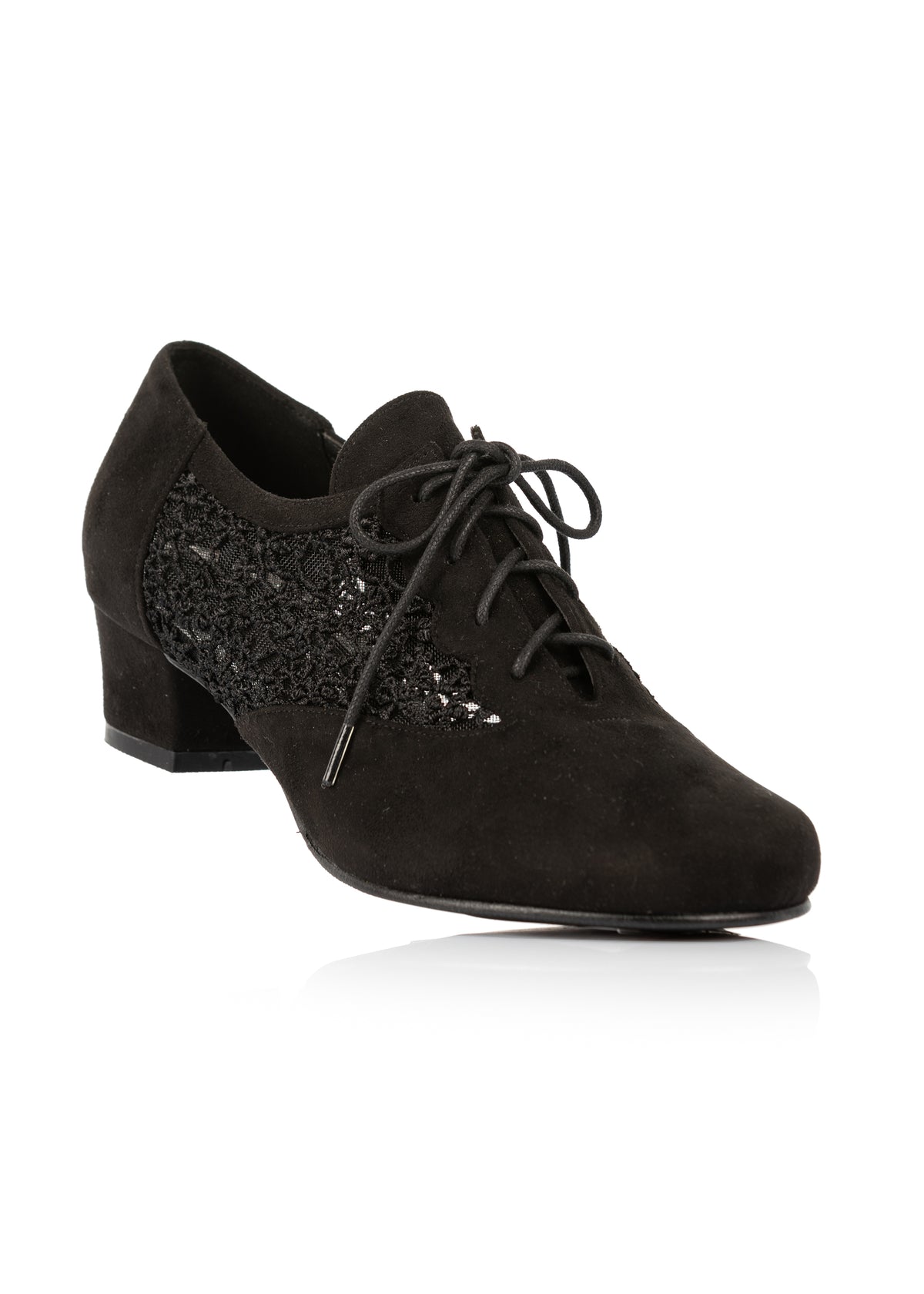 Festive walking shoes with block heel - black fabric, lace on the sides, extra wide fit
