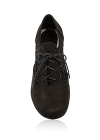 Festive walking shoes with block heel - black fabric, lace on the sides, extra wide fit