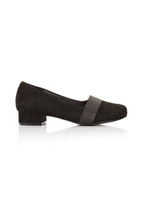 Pumps - black microfiber suede, glitter strap, wide fit